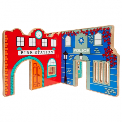 Wooden fire and police toy world playset