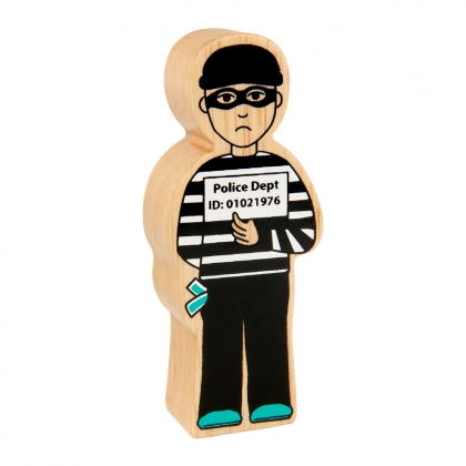 Wooden black and white burglar with ID card toy