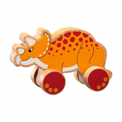 Wooden triceratops push along toy