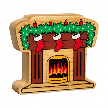 Wooden fireplace with stockings toy