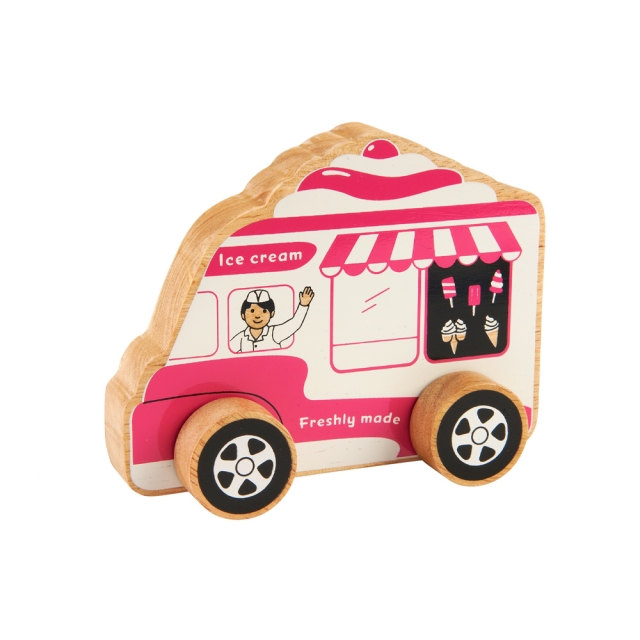 Chunky, wooden pink and white ice cream van toy car with natural wood edge
