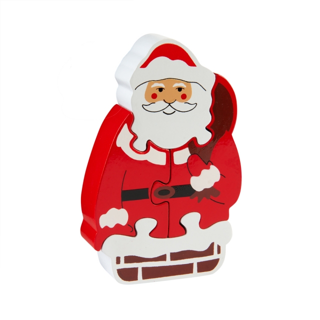 Four piece red and white chunky wooden jigsaw of Father Christmas which stands once complete