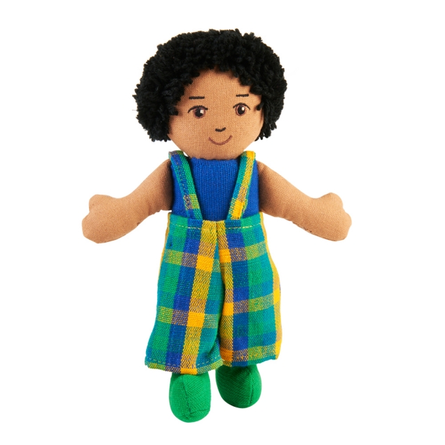 Soft toy boy rag doll with brown skin, black hair wearing multicoloured dungarees