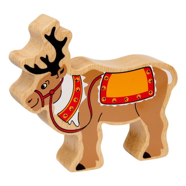 A chunky wooden reindeer with reins toy figure with a natural wood edge