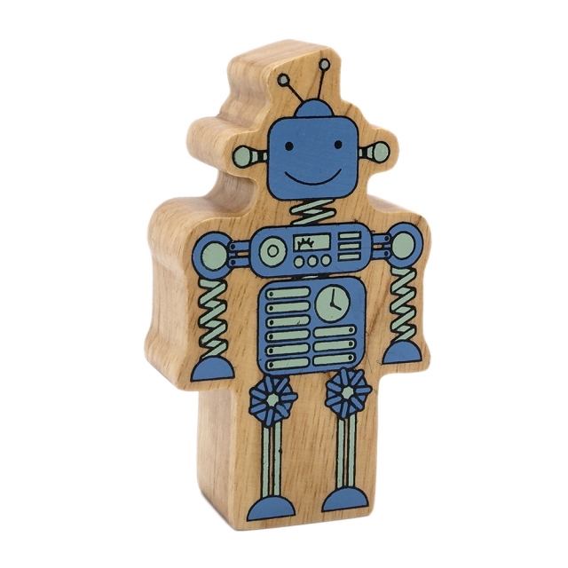 A childrens blue toy robot made from natural wood.