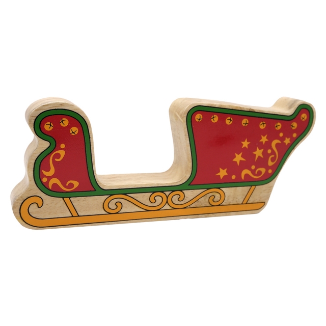 A chunky wooden sleigh toy figure in profile with a natural wood edge