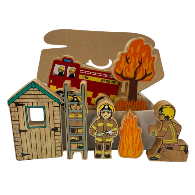 Wooden toy firefighter playset with fire fighters, fire engine, flames, tree and shed.