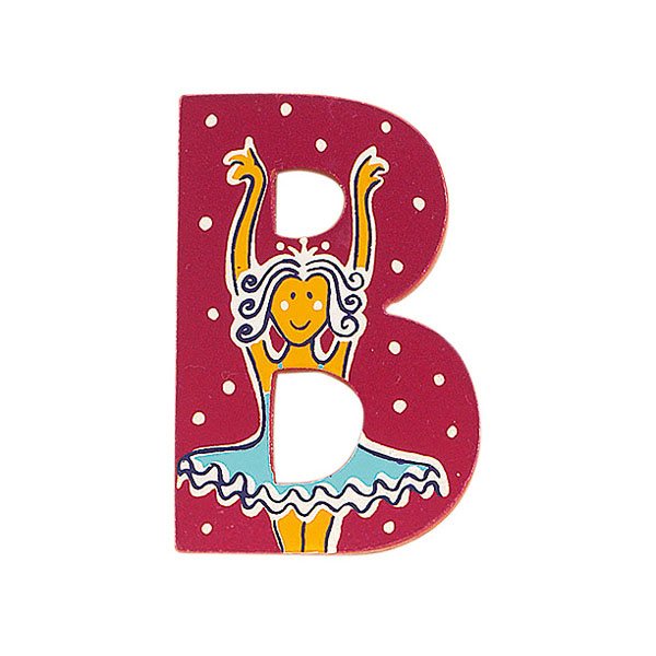 Sparkly pink wooden letter B with colourful Ballerina design hand screen printed on the front