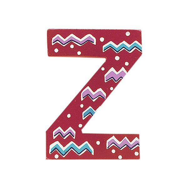 Sparkly pink wooden letter Z with colourful Zig Zag design hand screen printed on the front