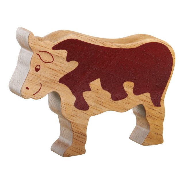 A chunky wooden bull toy figure in profile, plain with wood grain