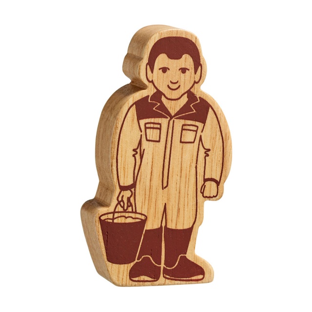 Chunky wooden farm worker toy figure carrying a bucket, plain with wood grain and brown details