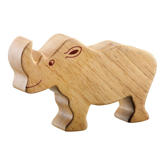 A chunky wooden rhino toy figure in profile, plain with wood grain