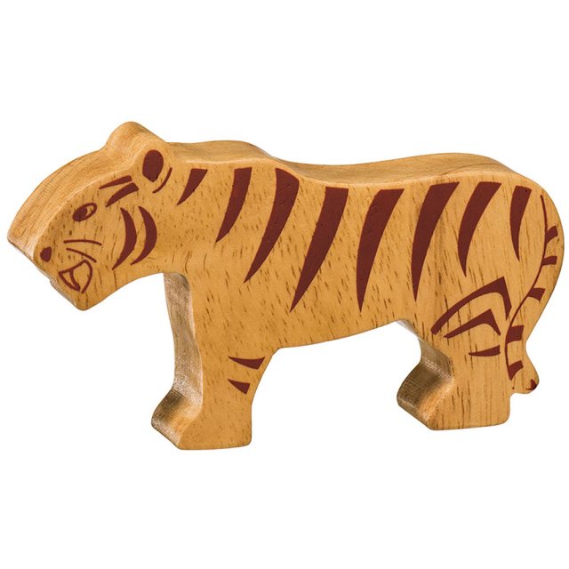 A chunky wooden stripey tiger toy figure in profile, plain with wood grain