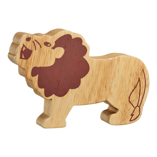 A chunky wooden lion toy figure in profile, plain showing wood grain