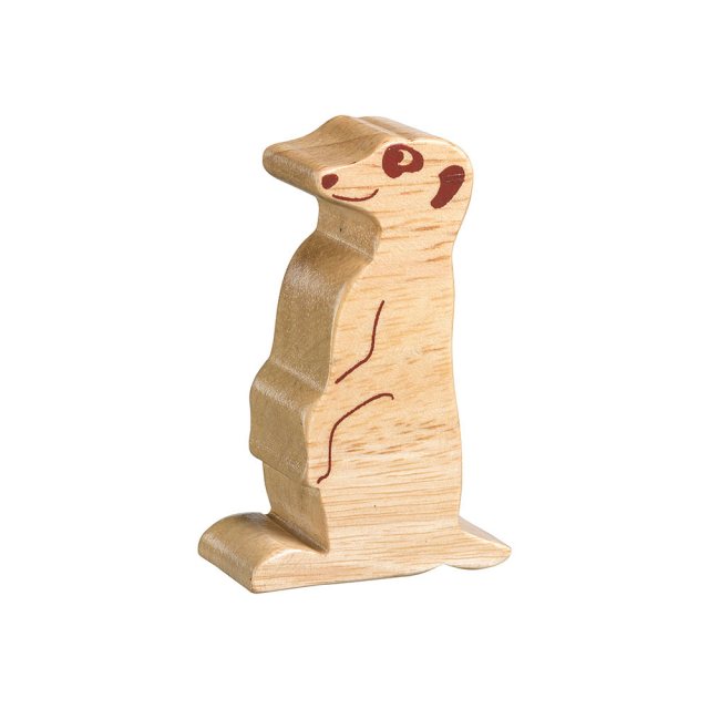 A chunky wooden meerkat toy figure in profile, plain showing wood grain