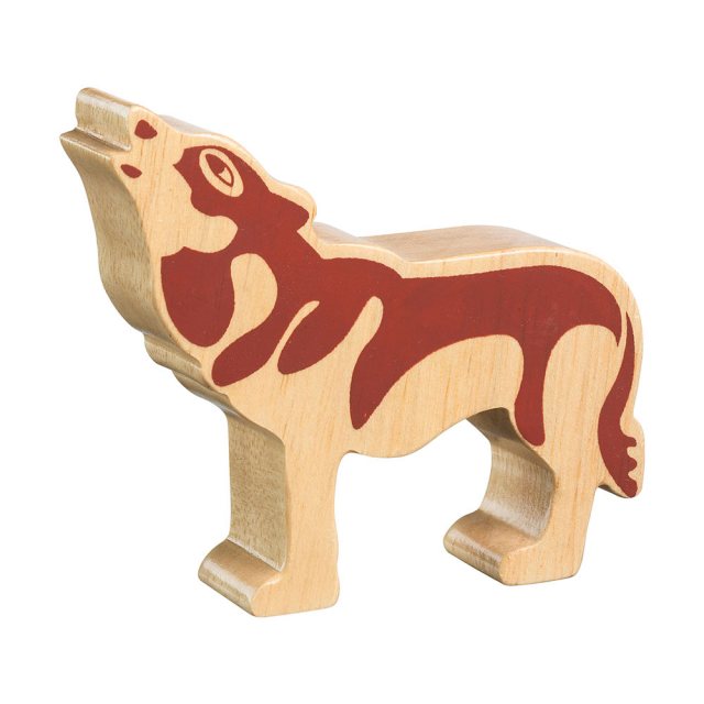 A chunky wooden wolf toy figure in profile, plain showing wood grain
