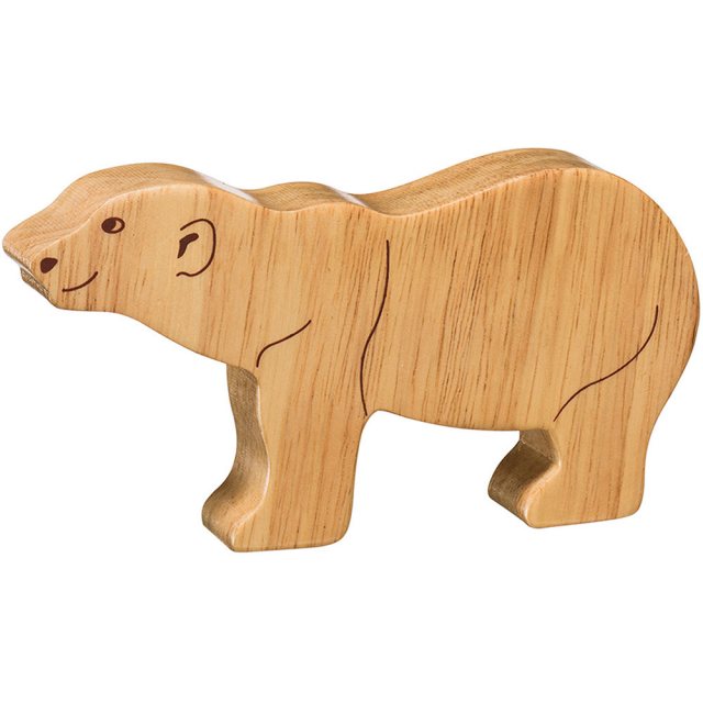 A chunky wooden polar bear toy figure in profile, plain showing wood grain