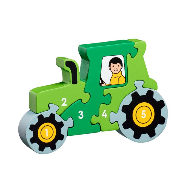 Five piece wooden toy tractor jigsaw puzzle with numbers
