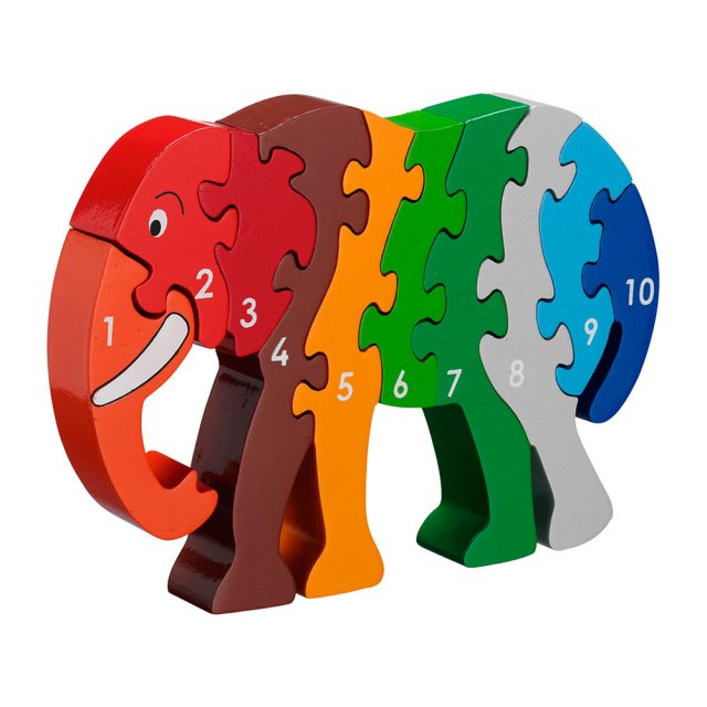 Ten piece wooden toy elephant jigsaw puzzle with numbers