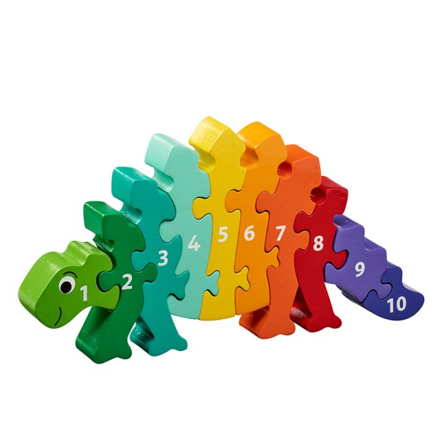 Ten piece wooden toy dinosaur jigsaw puzzle with numbers