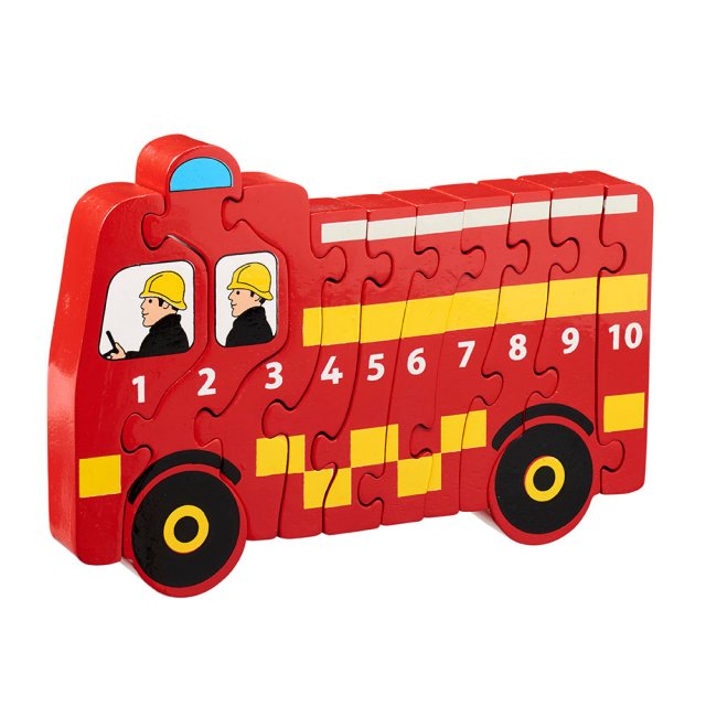 Ten piece wooden toy fire engine jigsaw puzzle with numbers