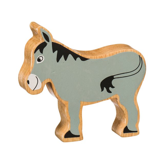 A chunky wooden grey donkey toy figure in profile with a natural wood edge