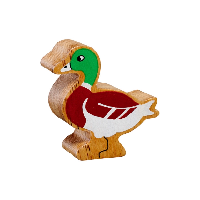 A chunky wooden brown/green duck toy figure in profile with a natural wood edge