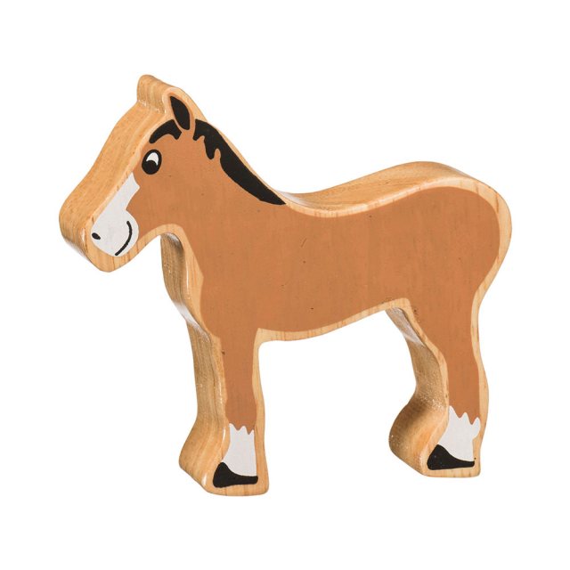 A chunky wooden brown foal toy figure in profile with a natural wood edge