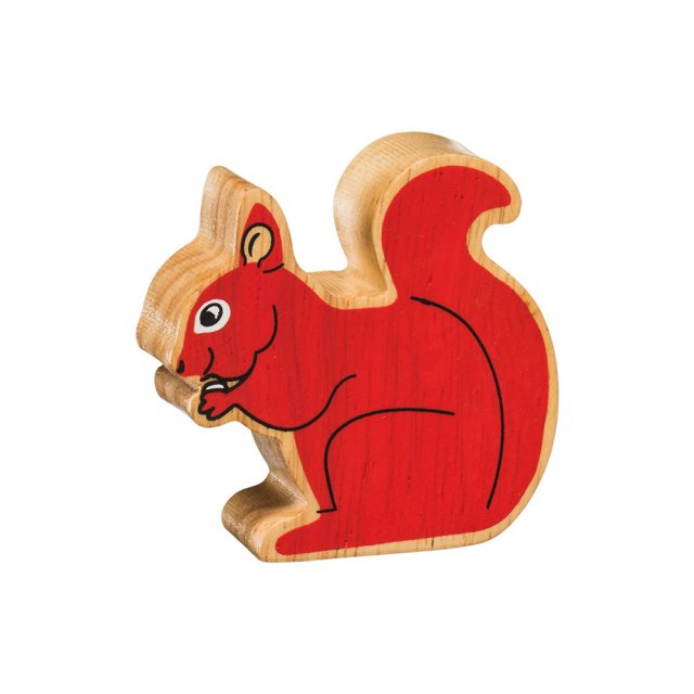 A chunky wooden red squirrel toy figure in profile with a natural wood edge