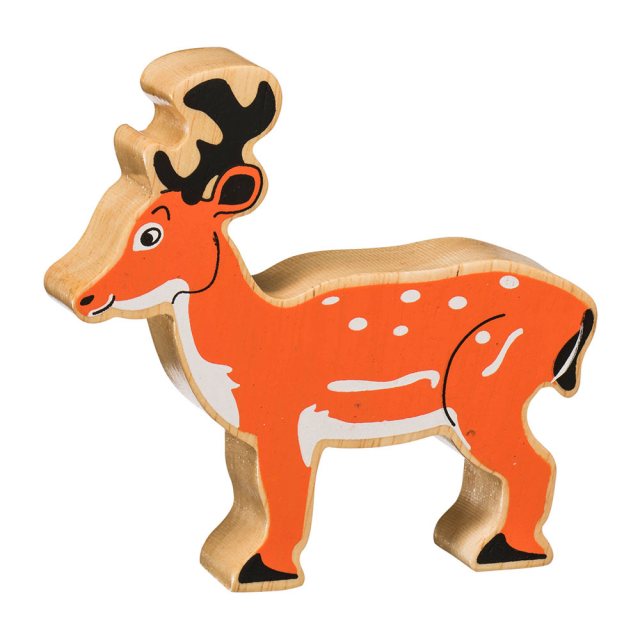 A chunky wooden brown/orange deer toy figure in profile with a natural wood edge
