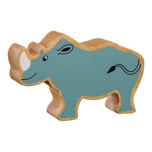 A chunky wooden grey rhinoceros toy figure in profile with a natural wood edge