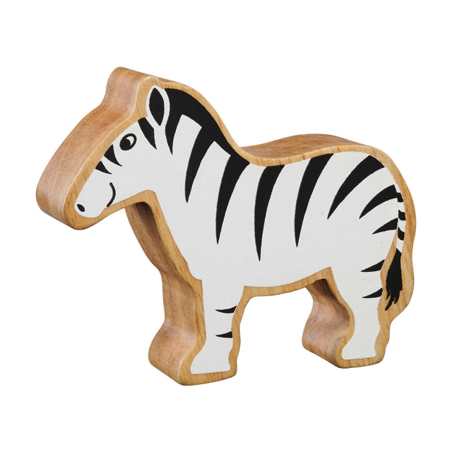 A chunky wooden black/white zebra toy figure in profile with a natural wood edge