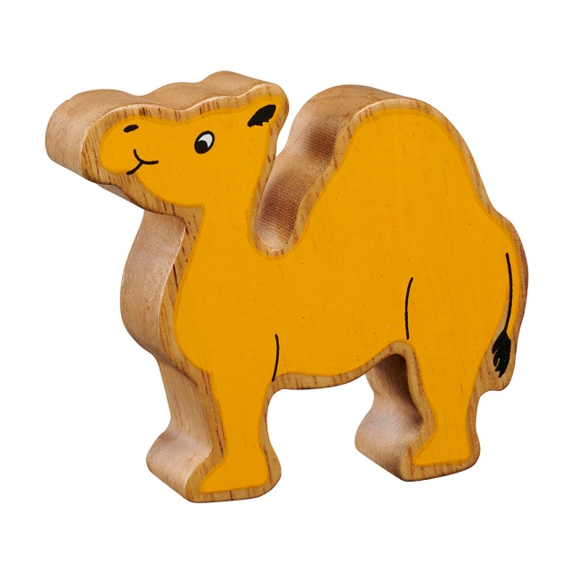 A chunky wooden painted yellow camel toy figure in profile with a natural wood edge