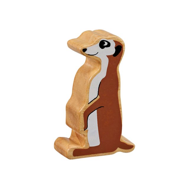 A chunky wooden painted brown/cream meerkat toy figure in profile with a natural wood edge