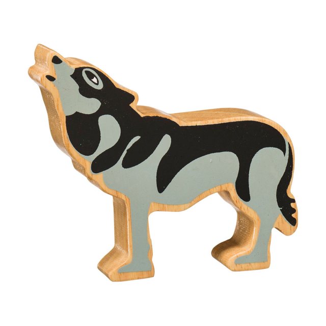 A chunky wooden painted grey/black wolf toy figure in profile with a natural wood edge