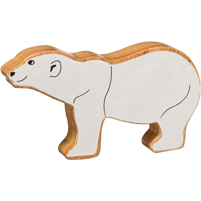 A chunky wooden painted white polar bear toy figure in profile with a natural wood edge