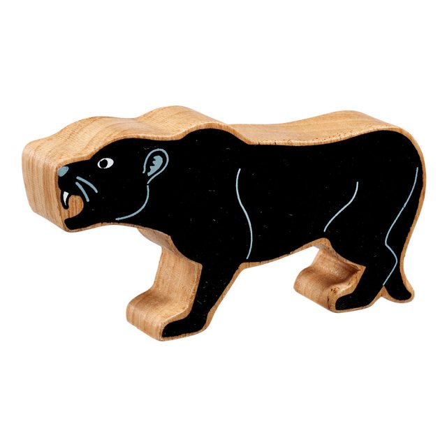 A chunky wooden painted black panther toy figure in profile with natural wood edge