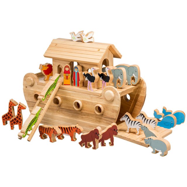 Large natural wood Noah's ark boat with 22 colourful animals and Mr and Mrs Noah figurines