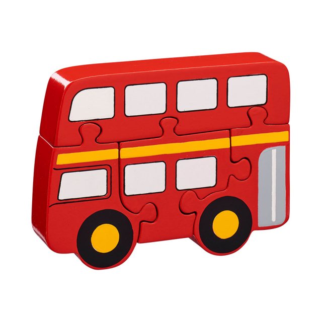 Four piece red chunky wooden jigsaw in fun London bus design which stands once complete