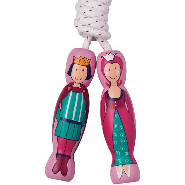 traditional skipping rope with prince and princess design on two pink wooden handles