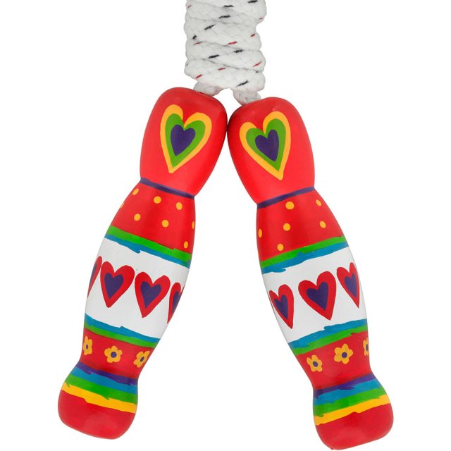 traditional skipping rope with red heart designs painted on two multicoloured wooden handles