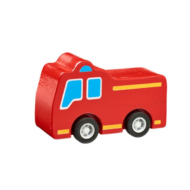 Red wooden mini fire engine toy car with plastic black wheels
