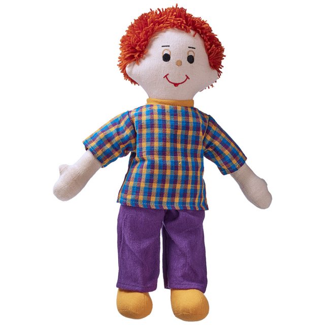 Soft toy dad rag doll with brown skin, red hair wearing a checkered top and trousers