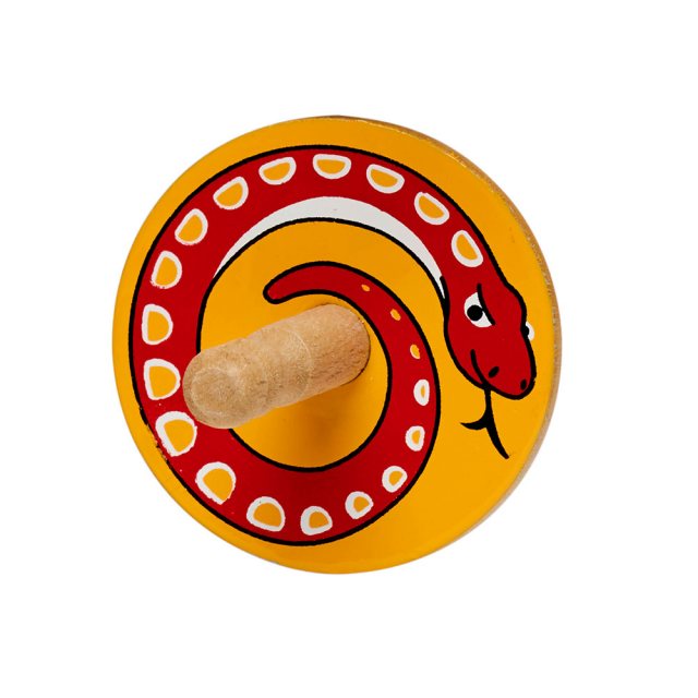 a birds eye view of a yellow spinning top with a design of a red snake