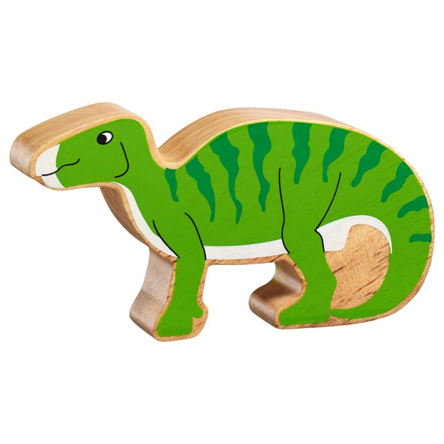 A chunky wooden green iguanodon dinosaur toy figure in profile with a natural wood edge