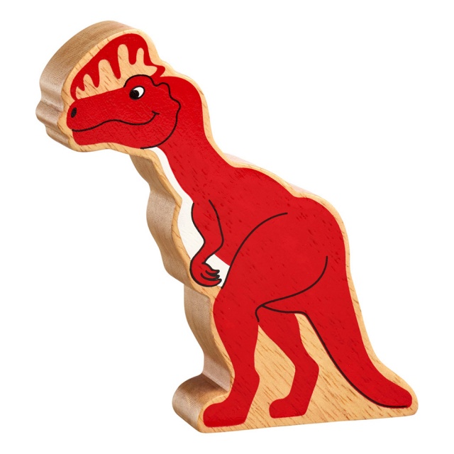 A chunky wooden red dilophosaurus dinosaur toy figure in profile with a natural wood edge