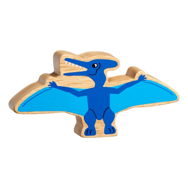 A chunky wooden blue pteranodon dinosaur toy figure in profile with a natural wood edge