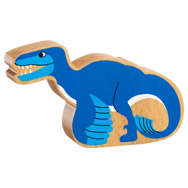 A chunky wooden blue utahraptor dinosaur toy figure in profile with a natural wood edge