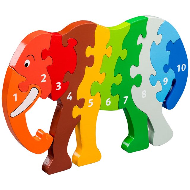 Ten piece rainbow elephant 1-10 wooden jigsaw puzzle in super chunky jumbo size, free standing