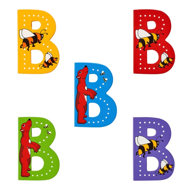 Wooden letter B with Bear and Bumblebee designs on blue, green, yellow, purple, red backgrounds.